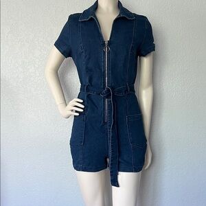 Denim Zip Front Romper Belted Short Sleeve Utility Shorts Size Large Blashe